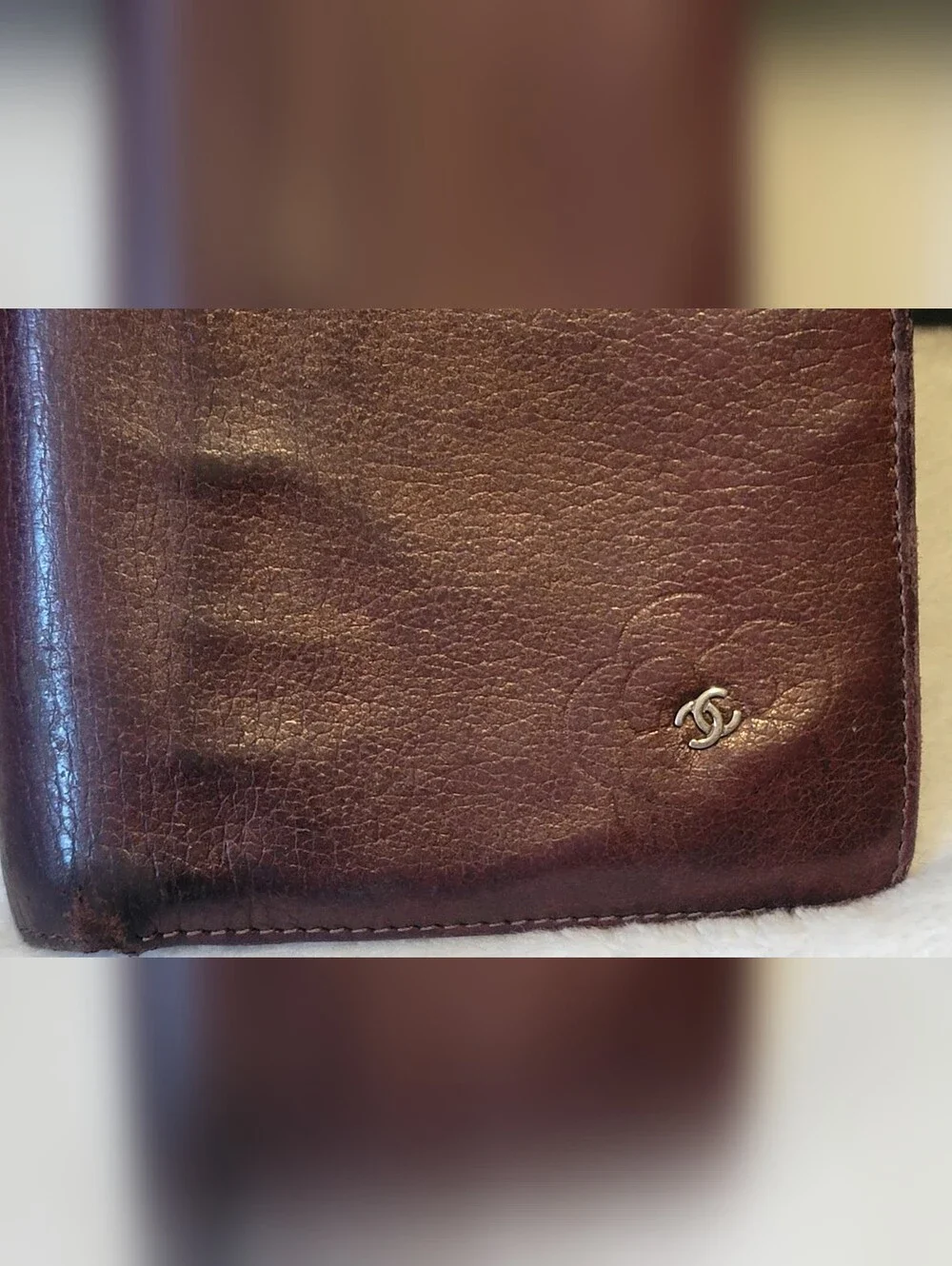 CHANEL Camellia Long Bifold Wallet CC Logo Brown/Plum Purse Authentic